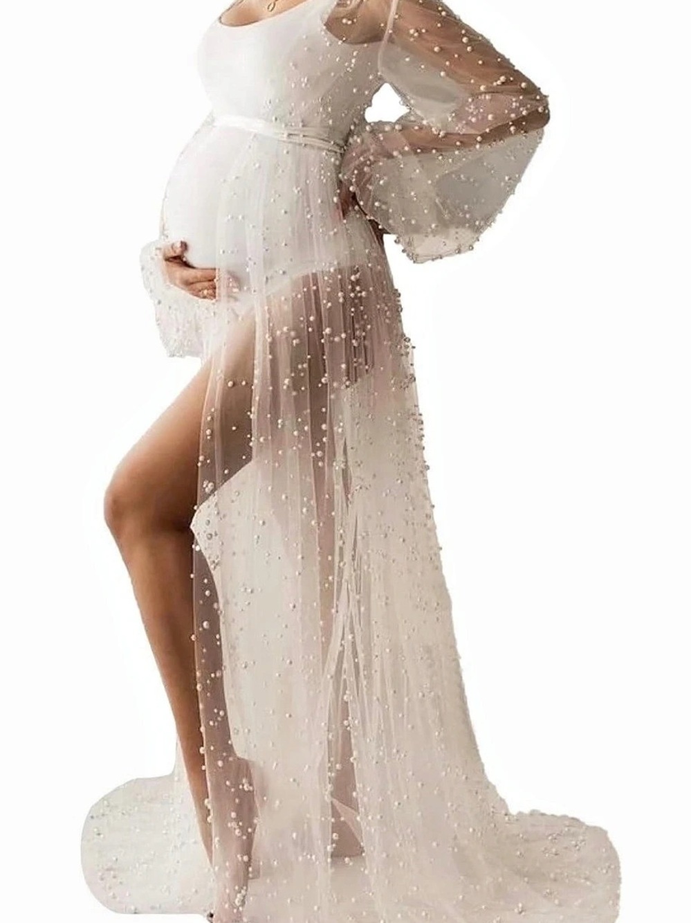 Pearl-Dot Sheer Maxi Wedding Dress
